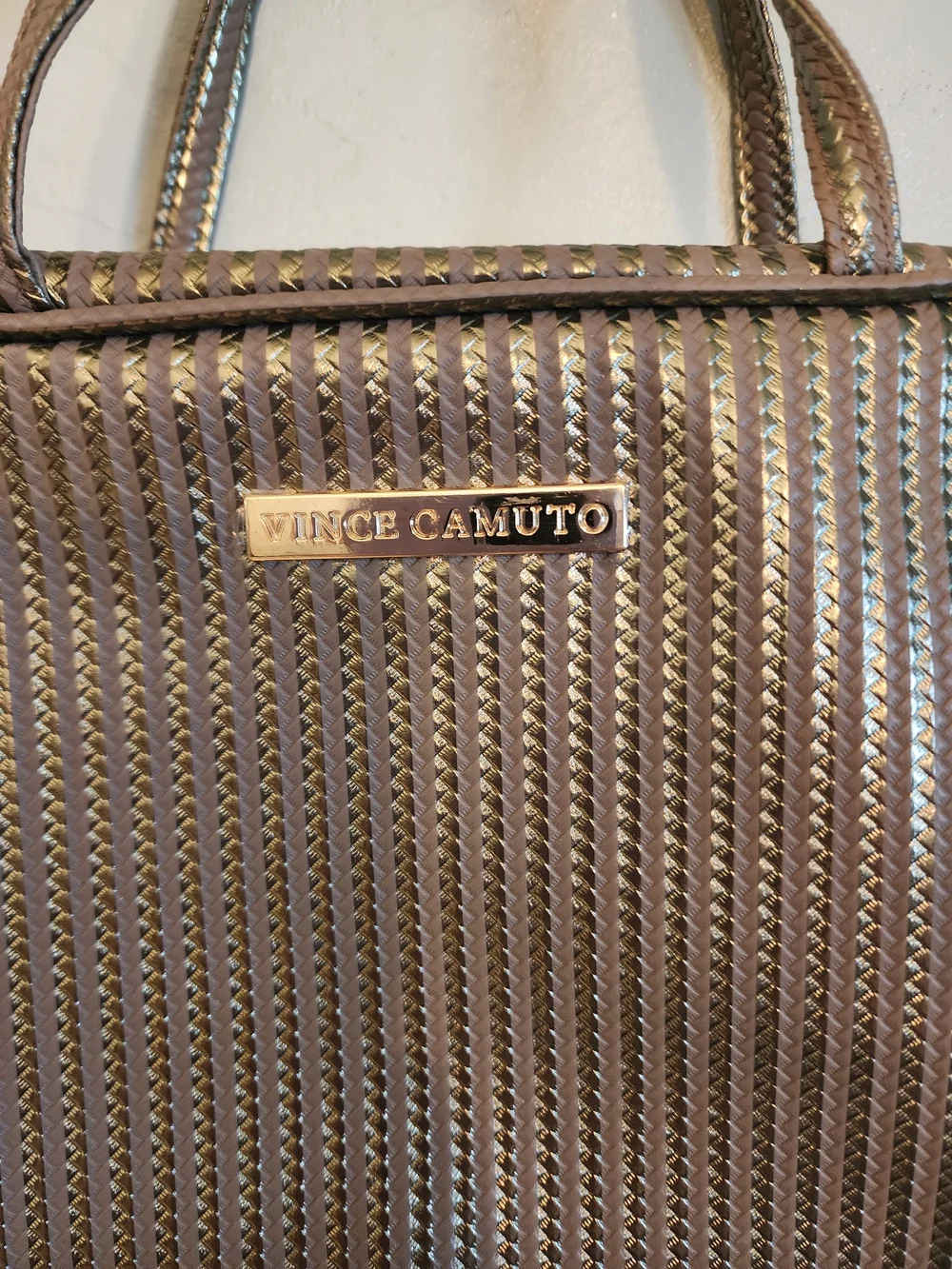 Vince Camuto Metallic Taupe Woven Toiletry Travel Tote